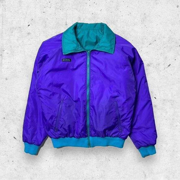 Vtg 90s Columbia Softshell Reversible Puffer Jacket, Purple Teal, Pockets, L